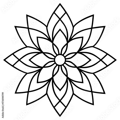 Intricate floral mandala with symmetrical petals line art illustration