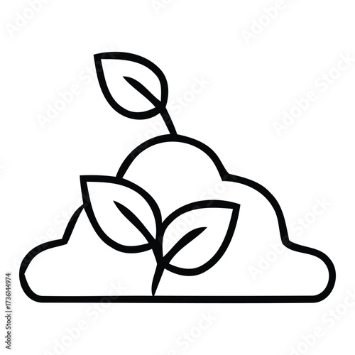 Black and white line art icon of a sprout growing from a mound of soil with sprout, seedling, growth, plant, nature, soil, vector illustration.