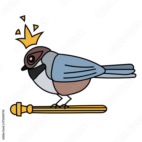 A boreal chickadee bird, Poecile hudsonicus, sitting on a golden scepter, wearing a golden crown. Vector drawing. 