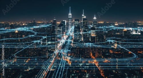 Modern city at night with illuminated energy grid
