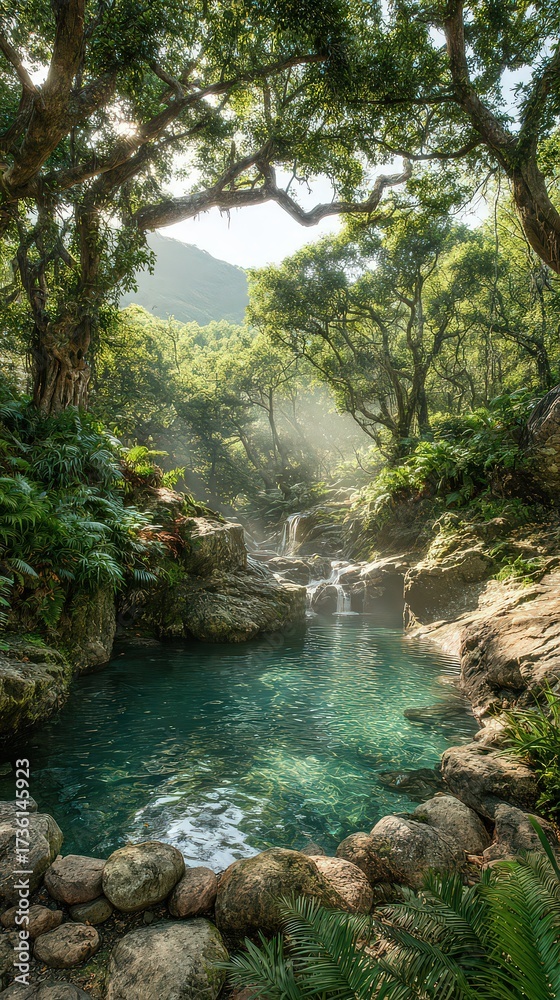 Fototapeta premium Sunlit Tropical Pool with Waterfall and Lush Greenery