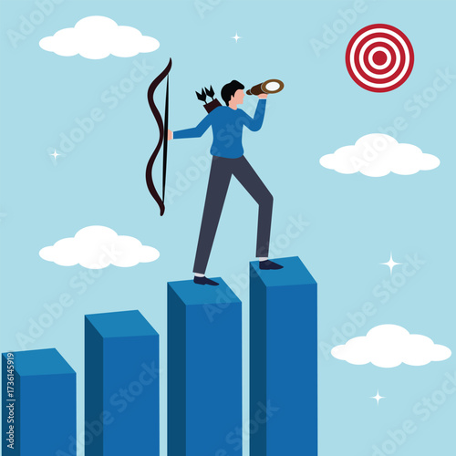 Vision to see next goal, business man searching to success with binoculars. Motivation to success, forecast and business prediction, Businessman step on rise up graph look for next goal. 