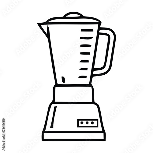 Black and white outline drawing of a kitchen blender with a pitcher and base appliance, vector illustration.