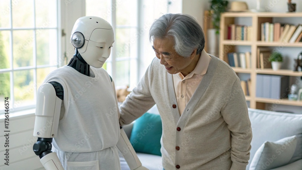 Obraz premium Humanoid Robot Caregiver Assisting Elderly Man Walking in Bright Living Room for Daily Support
