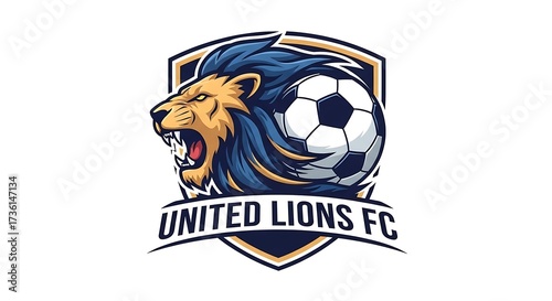 United Lions FC Soccer Team Logo with Lion and Soccer Ball.