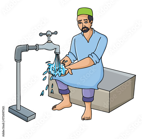 Cute cartoon hand drawn vector Man washes his hands in running water clipart.