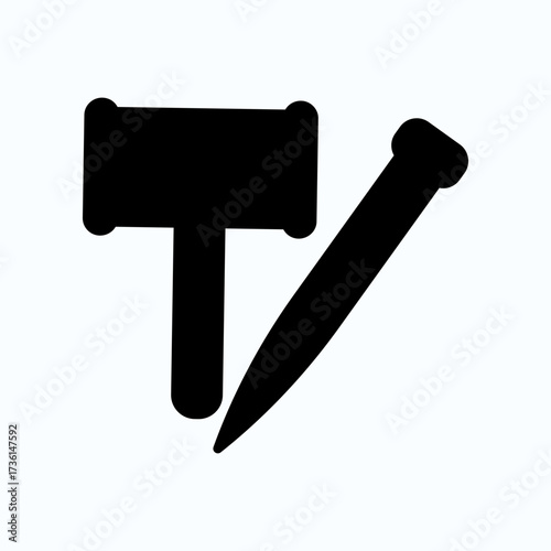 Simple Icon Depicting a Hammer and Nail in Minimalist Style