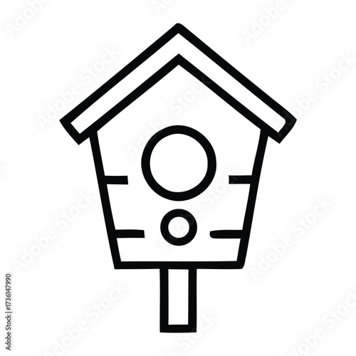 Black Outline Icon of a Classic Wooden Birdhouse on a Post bird feeder avian home, vector illustration.