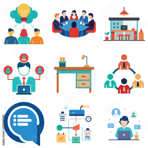 Flat design illustration of a brainstorming session with diverse icons