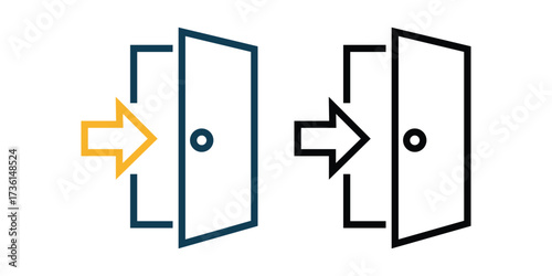 Yellow arrow enters a blue outlined door symbol with white background