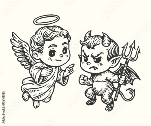 Cute engraving of little angel and devil child, symbolic illustration of good vs evil concept.