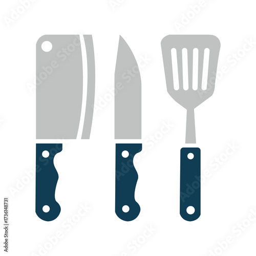 A cleaver, knife, and slotted turner kitchen utensil collection are visible on white