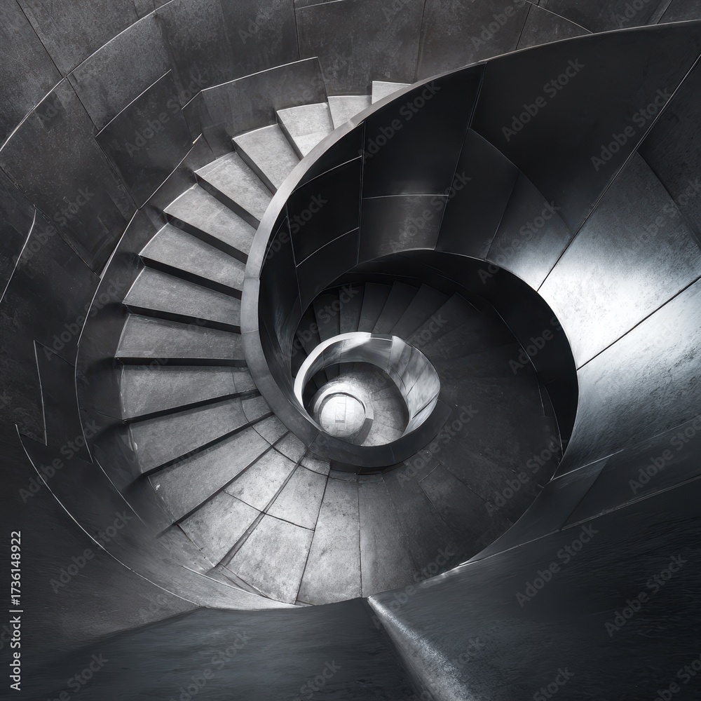 Fototapeta premium Dramatic Spiral Staircase - Metallic Curves and Shadows in a Modern Architectural Design.