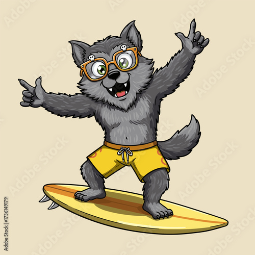 Cartoon wolf surfing with yellow shorts and orange glasses on a yellow surfboard.