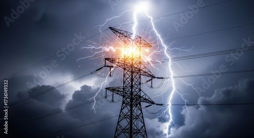 Power tower hit by lightning during thunderstorm