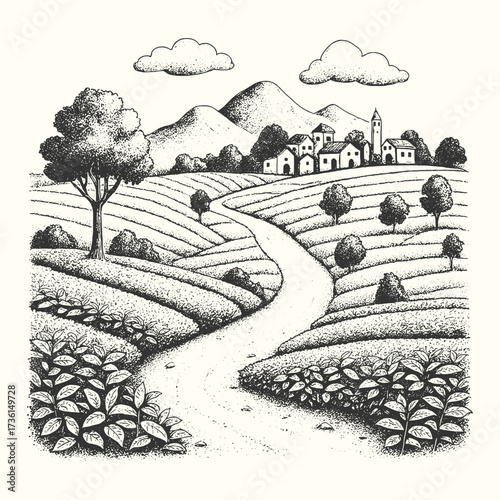 Vintage engraving of a peaceful countryside with fields, trees, and a winding road leading to the mountains.