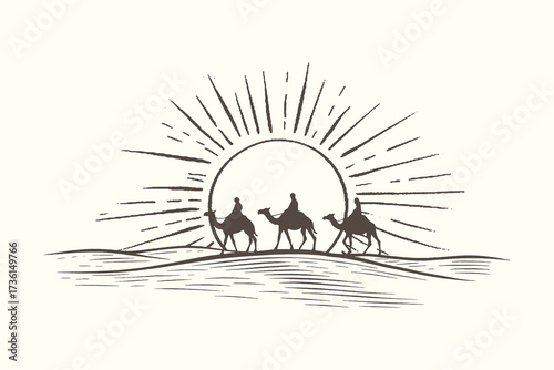 Illustration of camel caravan crossing the desert at sunrise, vintage travel artwork with sun rays.