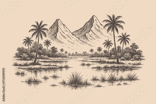 Vintage landscape of tropical mountains with palm trees and grassy plains.