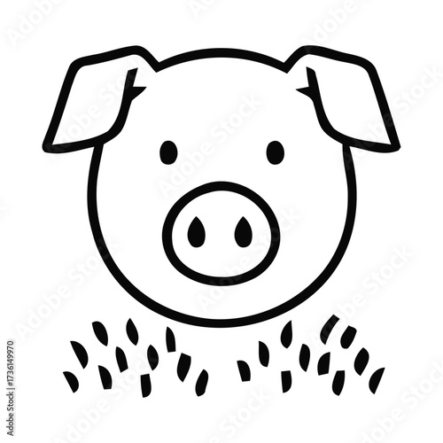 Cute Pig Face Icon with Grass on White Background, pig, animal, farm, livestock, agriculture, cute, cartoon, character, vector illustration.
