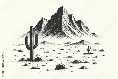 Detailed sketch of desert mountains with cactus and barren rocky terrain.