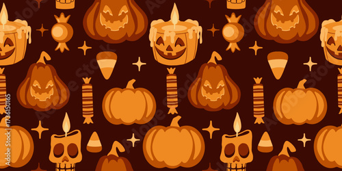 Flat vector seamless Halloween pattern with pumpkins, jack lanterns, candies and candles in warm orange tones. Perfect for wrapping paper, textiles, web design, posters and holiday decor.