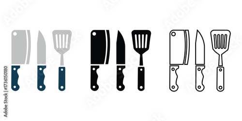 Assorted butcher knife, paring knife, and spatula set displayed with varied styles on white