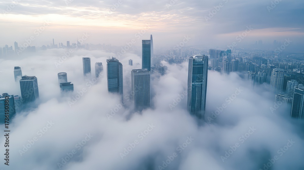 Fototapeta premium Skyscrapers peeking through dense fog covering urban city