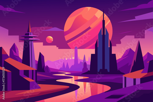 Futuristic landscape with planets and river view art