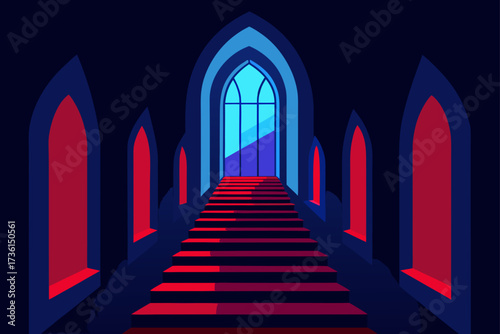 Stairway leading to a bright window in a dark room