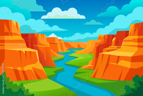 Illustration of grand canyon with river and clouds