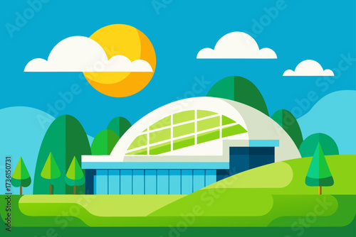 Illustration of a building in a nature landscape