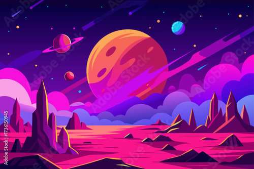 Illustration of a colorful alien planet landscape