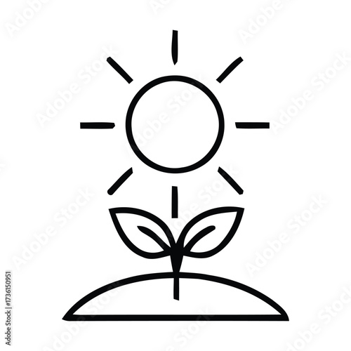 Line art icon of a sun shining down on a growing plant with two leaves in the sun, plant, growth, seedling, leaves, vector illustration.