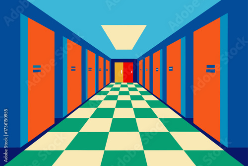 Perspective view of a school hallway with lockers