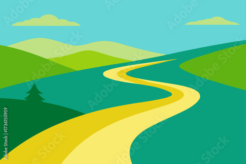 Winding road through green hills under a blue sky day