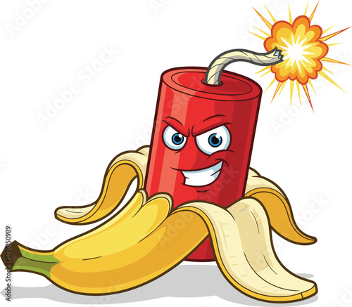 Cartoon banana dynamite, funny explosive fruit character, smiling bomb, creative mascot design, danger concept, comic explosion, food humor illustration