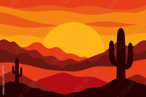 Illustration of desert landscape with cactus and sun