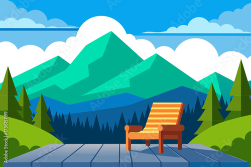 Lounge chair on a deck with mountain landscape view