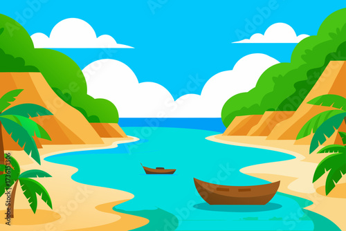 A tropical beach scene with boats and palm trees