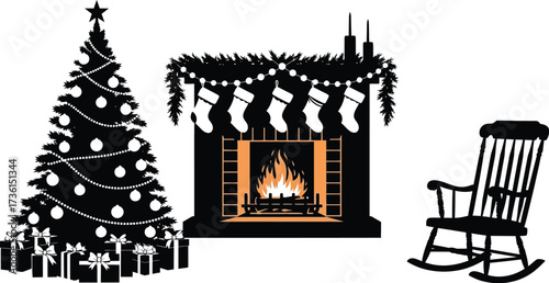 Christmas tree and fireplace with rocking chair silhouette