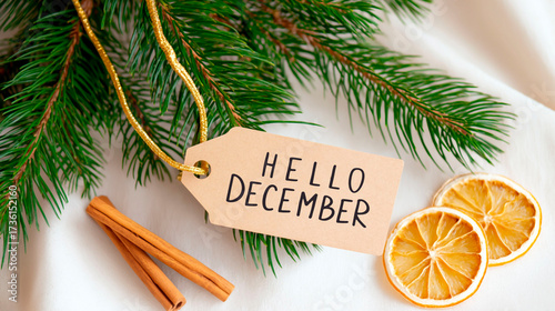 Hello december tag with fir branches, cinnamon sticks and dried orange slices on white fabric