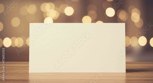 Blank Card Placed On Wooden Surface With Bokeh Lights Background