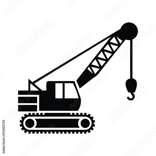 Black silhouette of a crane with boom and hook over a white background