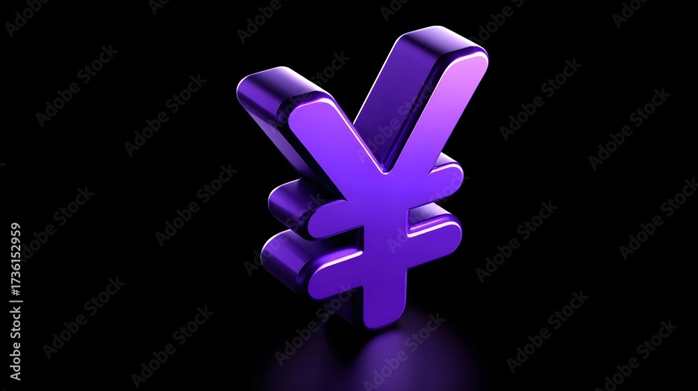 Obraz premium The vibrant, three-dimensional purple Yen or Yuan currency symbol stands out against a sleek, black background, conveying the concept of finance, investment, and global economics.