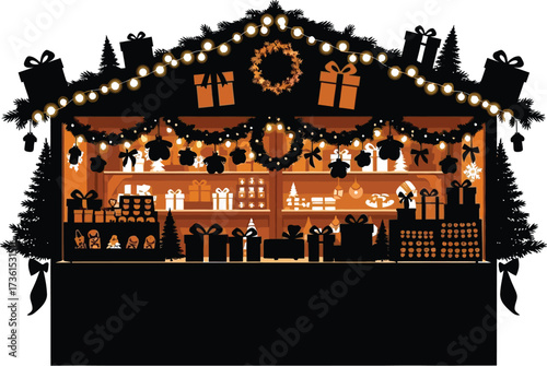Festive christmas market stall silhouette with gifts and trees