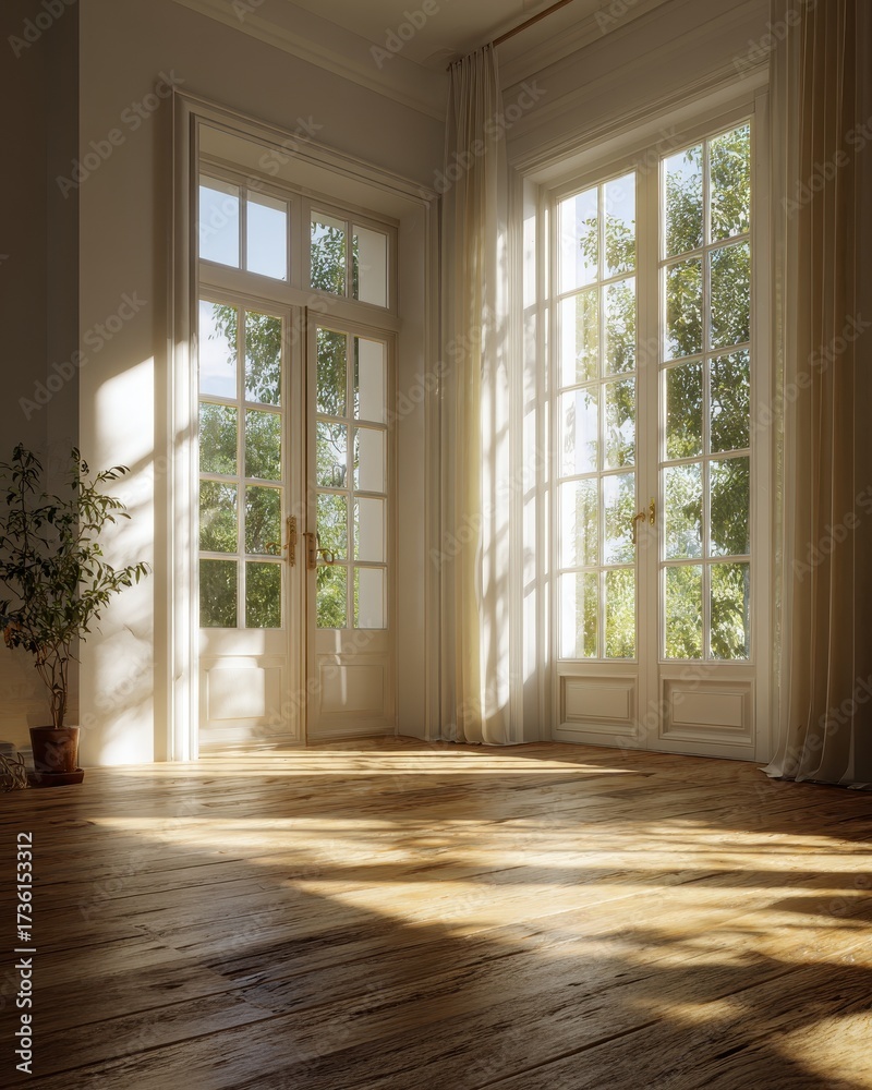 Fototapeta premium Golden Hour Sunlight Illuminating Empty Room with Tall French Doors and Polished Hardwood Floor.