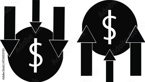Money increase and decrease icons. Low or high total cost icon. Price, sale, rate or profit going up or down symbol with arrow and dollar sign. Vector illustration.