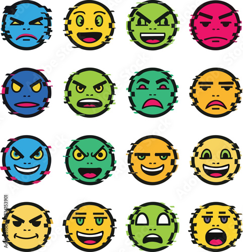A grid of sixteen colorful, glitch-style emoticon faces expressing various emotions, including anger, joy, sadness, and surprise.