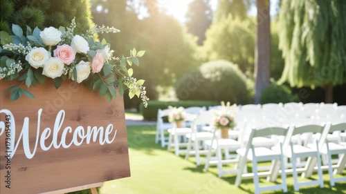 Wedding Welcome Sign with Floral Decor - Wooden Rustic Board and Garden Ceremony Setup for Wedding Venues and Event Planning Videos