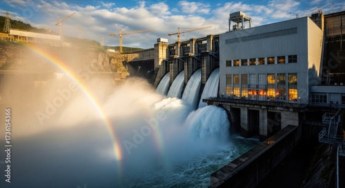 Water discharge from hydroelectric dam with rainbow reflection